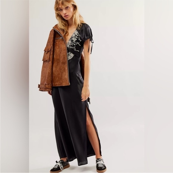 Free people black Cooper lace trim satin maxi dress - Picture 2 of 12